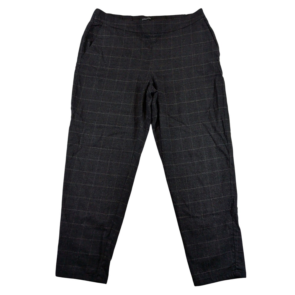Eileen Fisher Wool Blend Windowpane Plaid Tapered Ankle Pants Gray Womens Medium